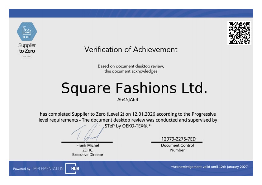 ZDHC Supplier to Zero (Level 2) certificate